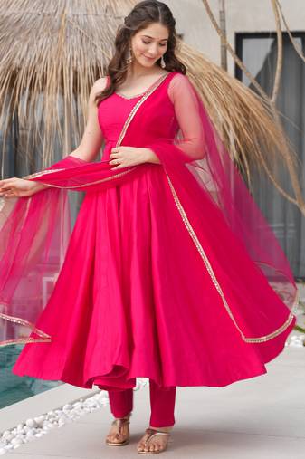 Rani pink festive wear designer heavy pure roman silk  readymade suit