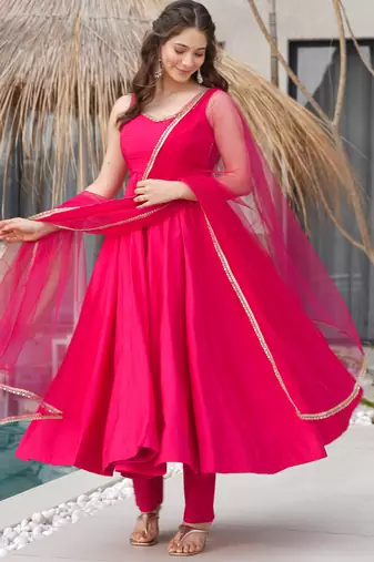 Rani pink festive wear designer heavy pure roman silk  readymade suit