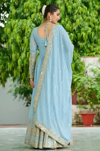 Lavender festive wear designer faux georgette embroidered work readymade suit