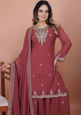Pink festive wear designer fox georgette coding sequence embroidery work readymade suit 3