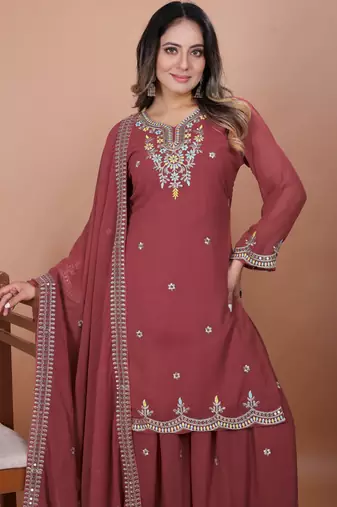Pink festive wear designer fox georgette coding sequence embroidery work readymade suit