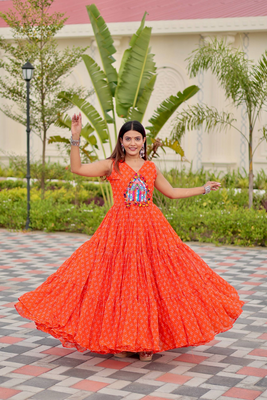 Orange festive wear designer faux georgette embroidery thread work with real mirror work readymade suit 1