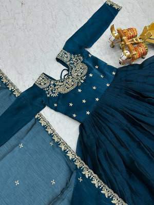 Teal festive wear designer pure burberry silk  heavy sequence embroidery work readymade suit 4