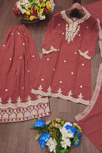 Pink festive wear designer fox georgette coding sequence embroidery work readymade suit