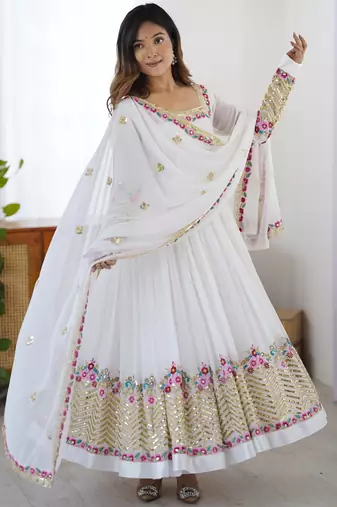 White festive wear designer heavy georgette heavy multi thread embroidery sequence work readymade suit