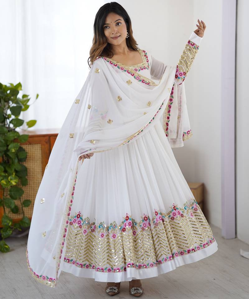 White festive wear designer heavy georgette heavy multi thread embroidery sequence work readymade suit