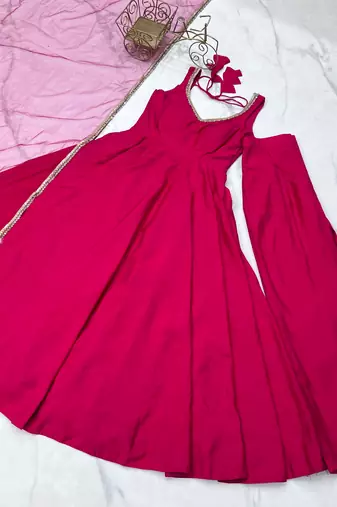 Rani pink festive wear designer heavy pure roman silk  readymade suit