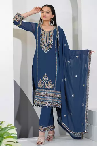 Blue festive wear designer fox georgette sequence embroidery work readymade suit