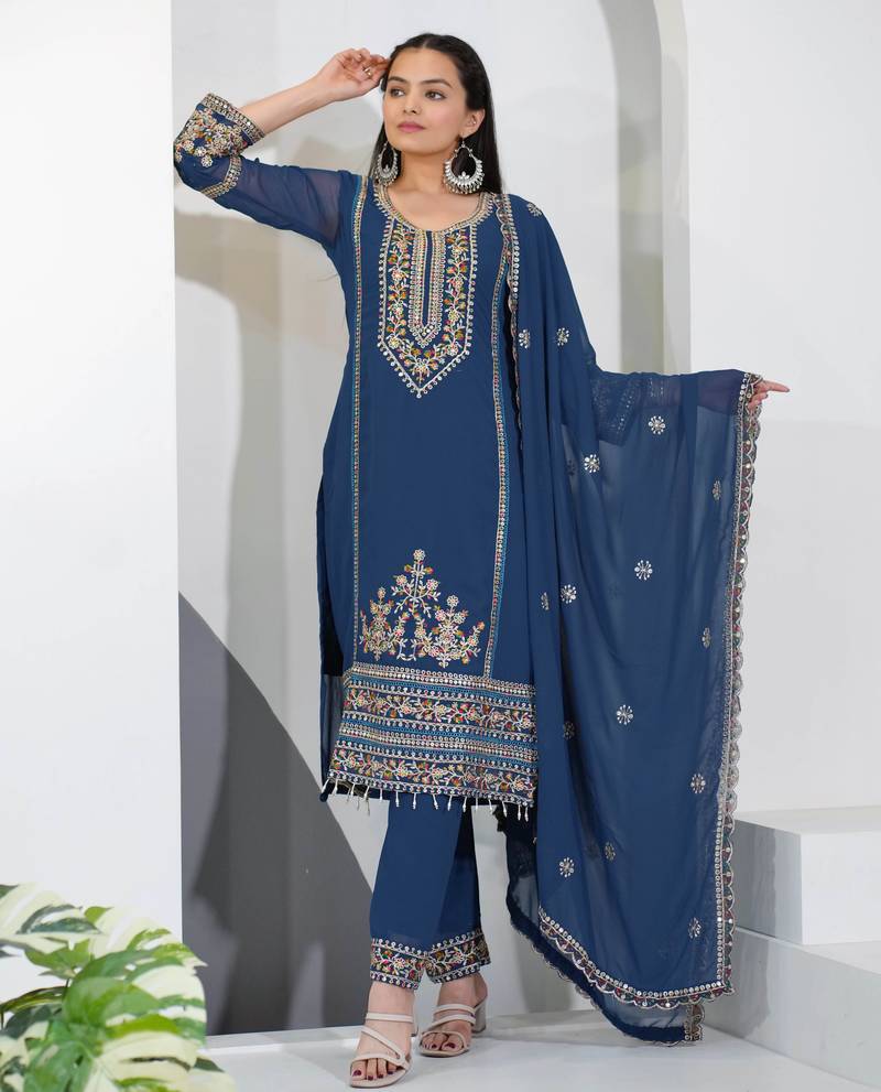 Blue festive wear designer fox georgette sequence embroidery work readymade suit