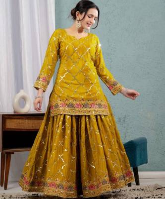 Yellow festive wear designer heavy chinnon silk  readymade suit 2