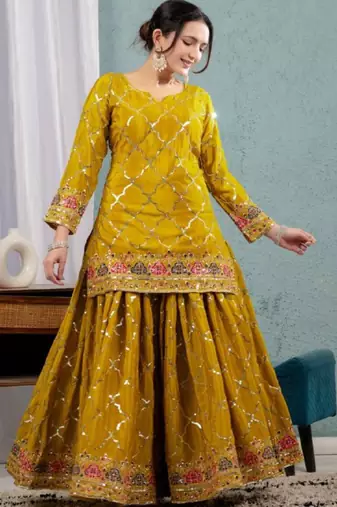Yellow festive wear designer heavy chinnon silk  readymade suit