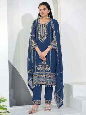 Blue festive wear designer fox georgette sequence embroidery work readymade suit 2