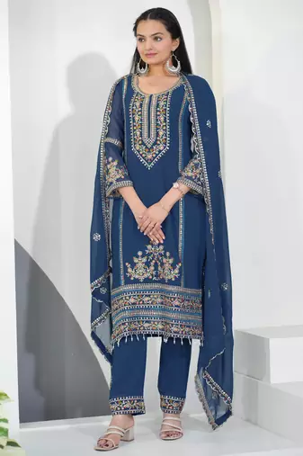 Blue festive wear designer fox georgette sequence embroidery work readymade suit