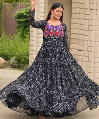 Black festive wear designer faux georgette embroidery thread work with real mirror & codi lace readymade suit 1