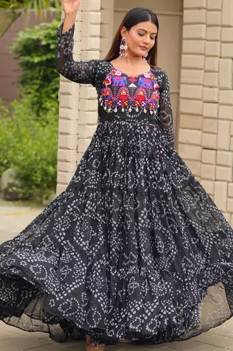 Black festive wear designer faux georgette embroidery thread work with real mirror & codi lace readymade suit