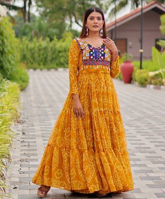 Yellow festive wear designer faux georgette embroidery thread work with real mirror & codi lace readymade suit 1