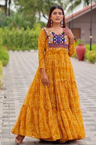 Yellow festive wear designer faux georgette embroidery thread work with real mirror & codi lace readymade suit