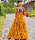 Yellow festive wear designer faux georgette embroidery thread work with real mirror & codi lace readymade suit