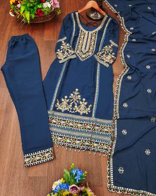 Blue festive wear designer fox georgette sequence embroidery work readymade suit 4