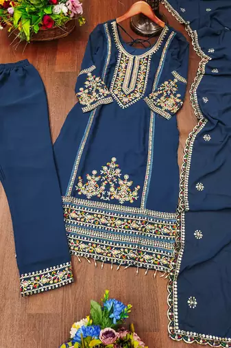 Blue festive wear designer fox georgette sequence embroidery work readymade suit