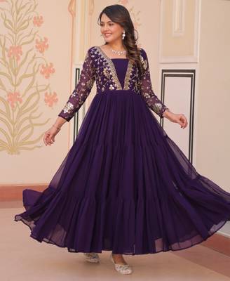Wine festive wear designer faux blooming georgette sequins & zari embroidered work readymade suit 2