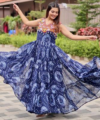 Blue festive wear designer faux georgette gamathi work with real mirror with original codi lece readymade suit 1