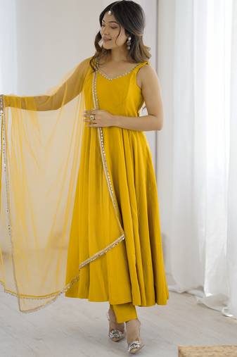 Yellow festive wear designer heavy pure roman silk  readymade suit