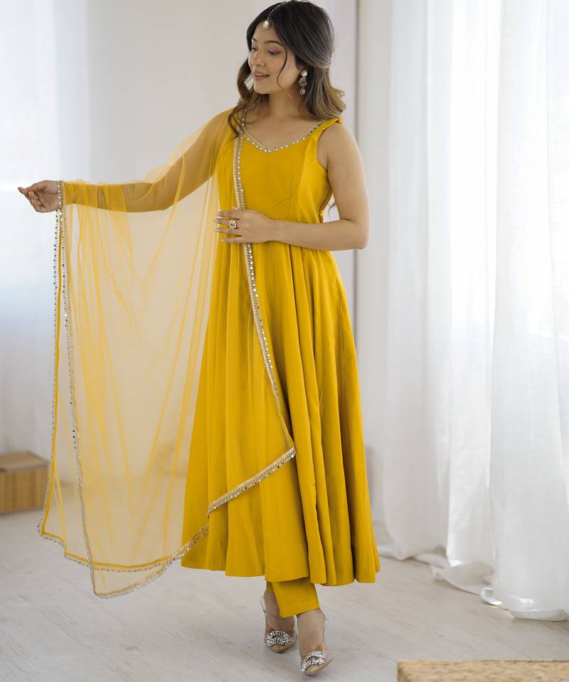 Yellow festive wear designer heavy pure roman silk  readymade suit