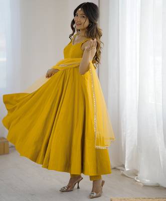 Yellow festive wear designer heavy pure roman silk  readymade suit 2