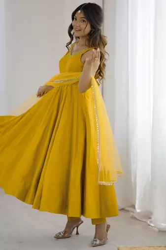 Yellow festive wear designer heavy pure roman silk  readymade suit