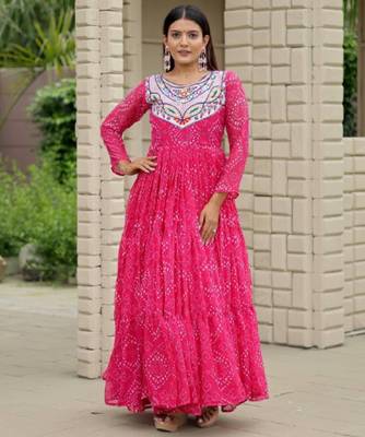 Pink festive wear designer faux georgette embroidery thread work with real mirror work readymade suit 1