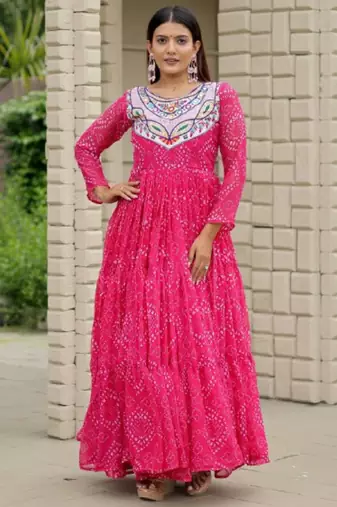 Pink festive wear designer faux georgette embroidery thread work with real mirror work readymade suit