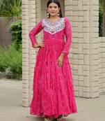Pink festive wear designer faux georgette embroidery thread work with real mirror work readymade suit