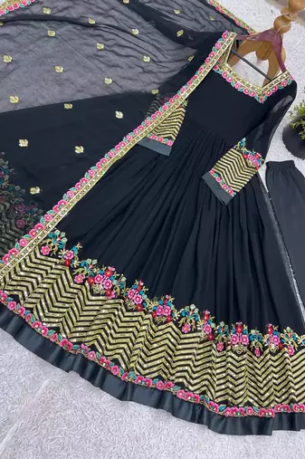 Black festive wear designer heavy georgette heavy multi thread embroidery sequence work readymade suit