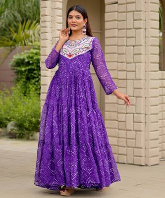 Purple festive wear designer faux georgette embroidery thread work with real mirror work readymade suit 1