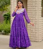 Purple festive wear designer faux georgette embroidery thread work with real mirror work readymade suit