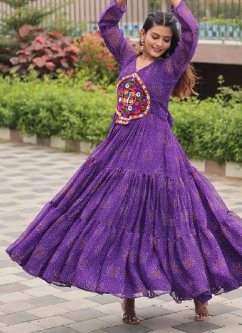 Purple festive wear designer faux georgette gamathi work with real mirror work readymade suit