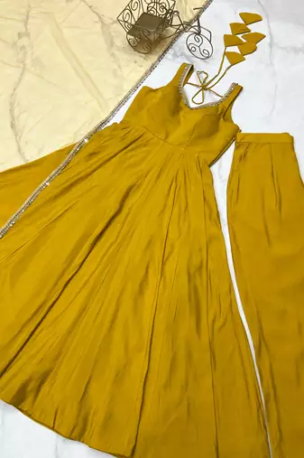 Yellow festive wear designer heavy pure roman silk  readymade suit