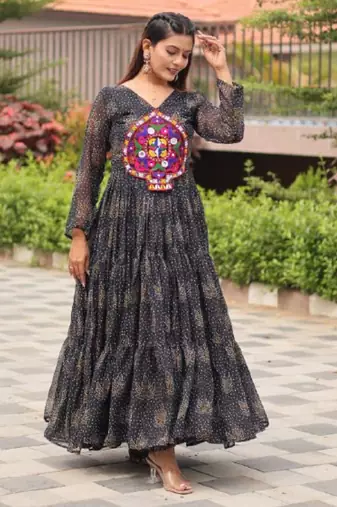 Black festive wear designer faux georgette gamathi work with real mirror work readymade suit