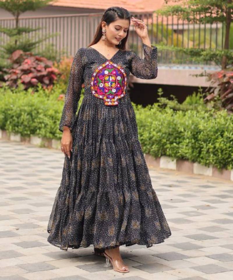 Black festive wear designer faux georgette gamathi work with real mirror work readymade suit