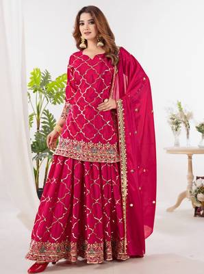 Pink festive wear designer heavy chinnon silk  readymade suit 2