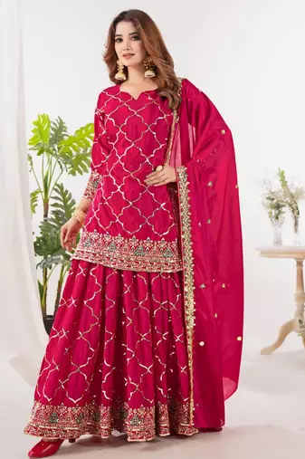 Pink festive wear designer heavy chinnon silk  readymade suit