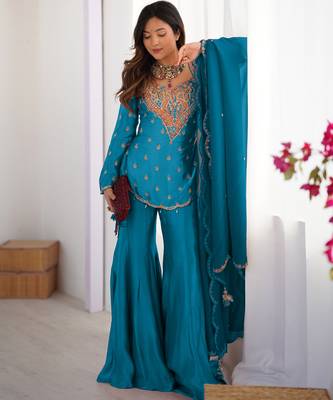 Blue festive wear designer heavy simar silk embroidery work readymade suit 1