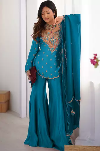 Blue festive wear designer heavy simar silk embroidery work readymade suit