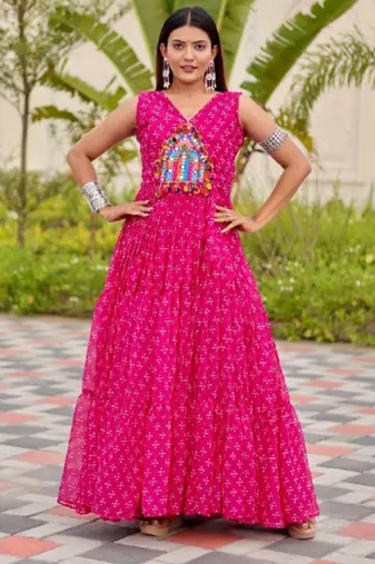 Pink festive wear designer faux georgette embroidery thread work with real mirror work readymade suit