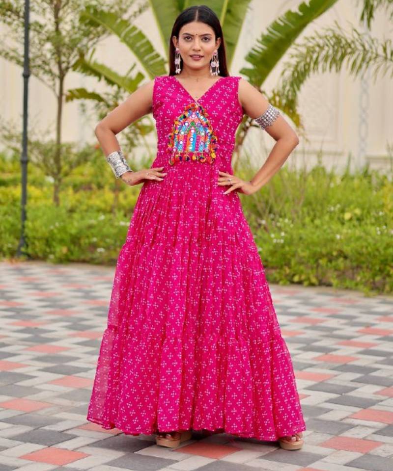 Pink festive wear designer faux georgette embroidery thread work with real mirror work readymade suit