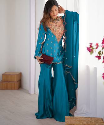 Blue festive wear designer heavy simar silk embroidery work readymade suit 2