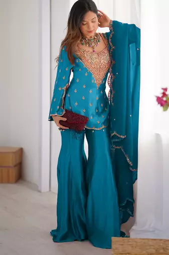 Blue festive wear designer heavy simar silk embroidery work readymade suit