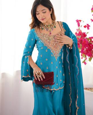 Blue festive wear designer heavy simar silk embroidery work readymade suit 3