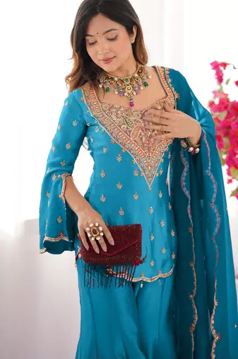 Blue festive wear designer heavy simar silk embroidery work readymade suit